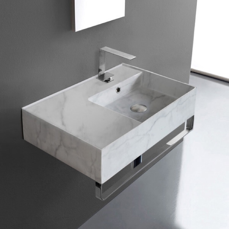Scarabeo 5117-F-TB-One Hole Marble Design Ceramic Wall Mounted Sink With Counter Space, Towel Bar Included